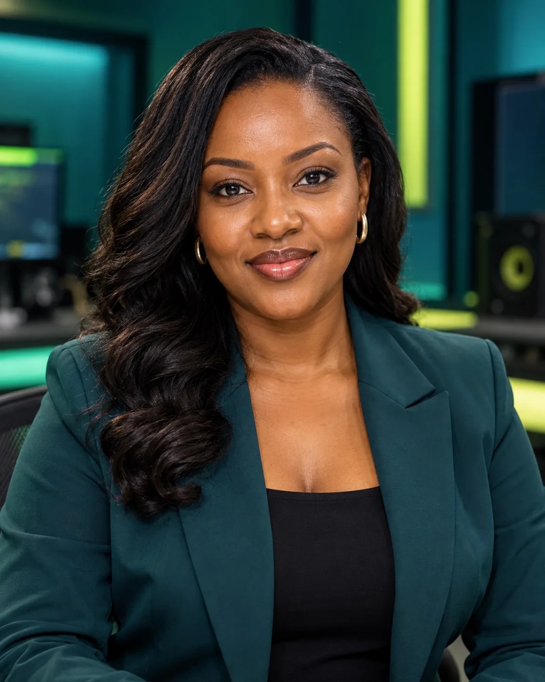 African broadcast presenter in a teal radio studio
